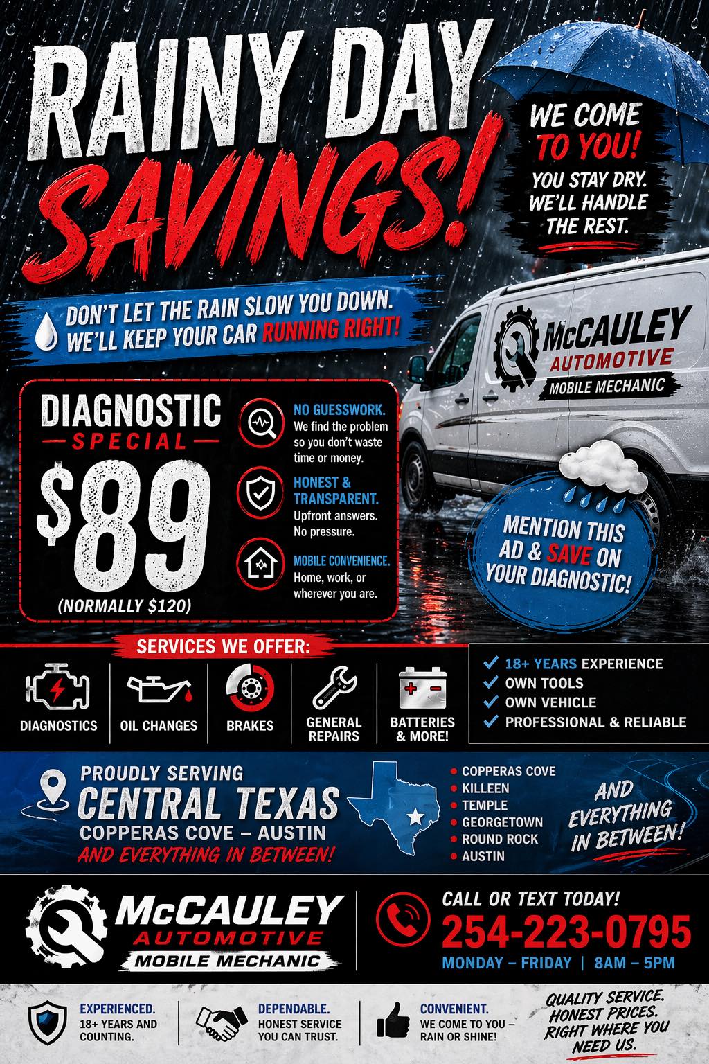 McCauley Automotive $89 diagnostic rainy day savings flyer